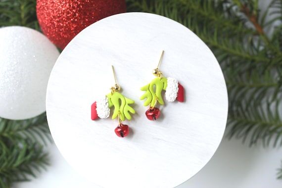 Grinch Hand Inspired Clay Earrings | Christma...
