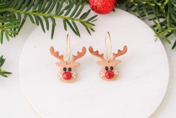 Reindeer Earrings | Dangle Polymer Clay Earri...