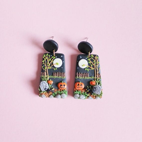 RIP Pumpkin Polymer Clay Earrings: Spooky Hal...