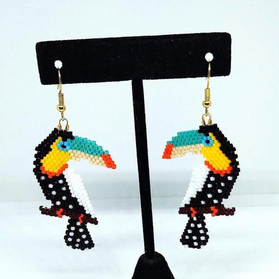 Handmade Beaded Tropical Bird Dangle Earrings...