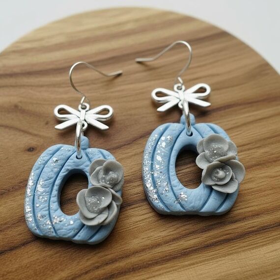 Blue Floral Pumpkin Earrings | Handmade Polym...
