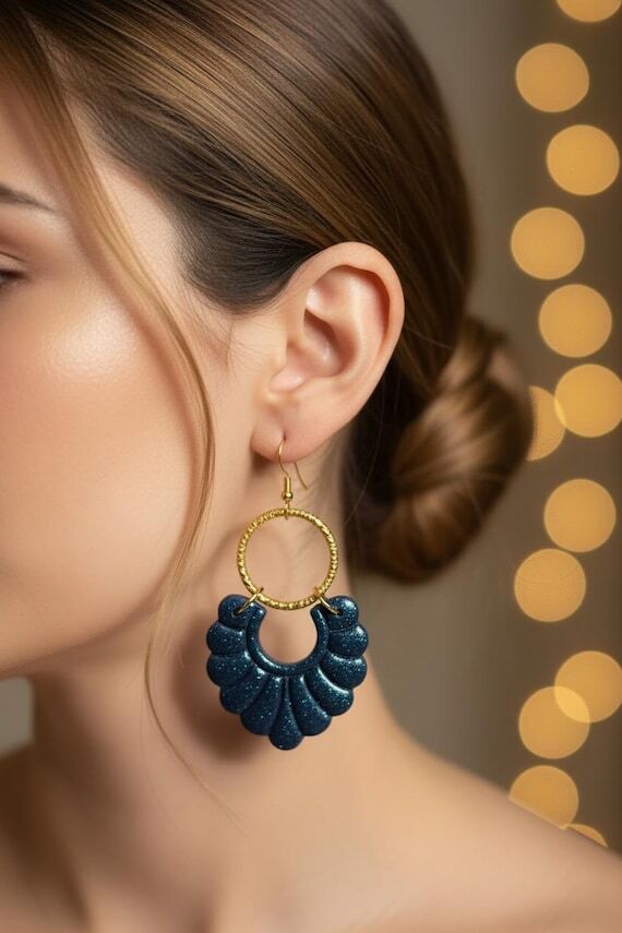 Navy Blue Fan Polymer Clay Earrings | 14K Gol...