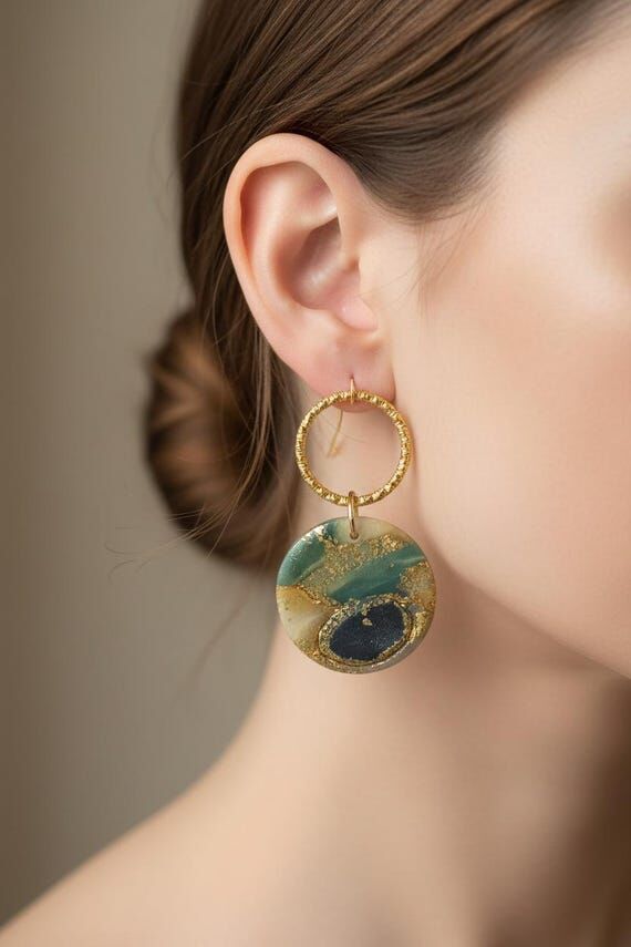 Teal Navy Abstract Polymer Clay Earrings | 14...