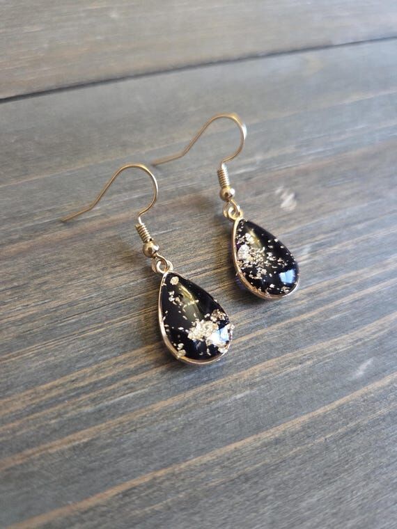 Petite Black Gold Resin Teardrop Earrings- Ha...