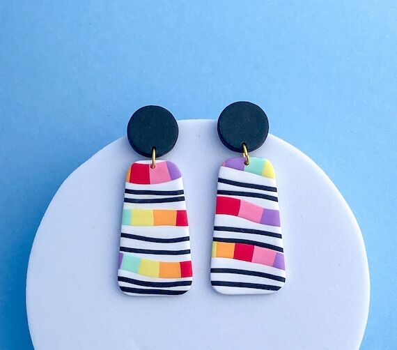 Rainbow Black and White Polymer Clay Dangle a...
