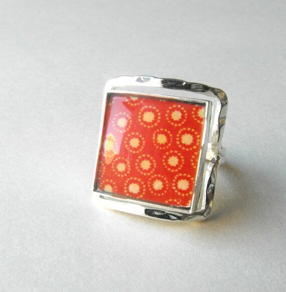 Glass Tile Ring ~ Modern Ring ~ Red Glass Til...