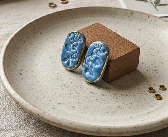 Blue Floral Ceramic Stud Earrings, Handmade B...