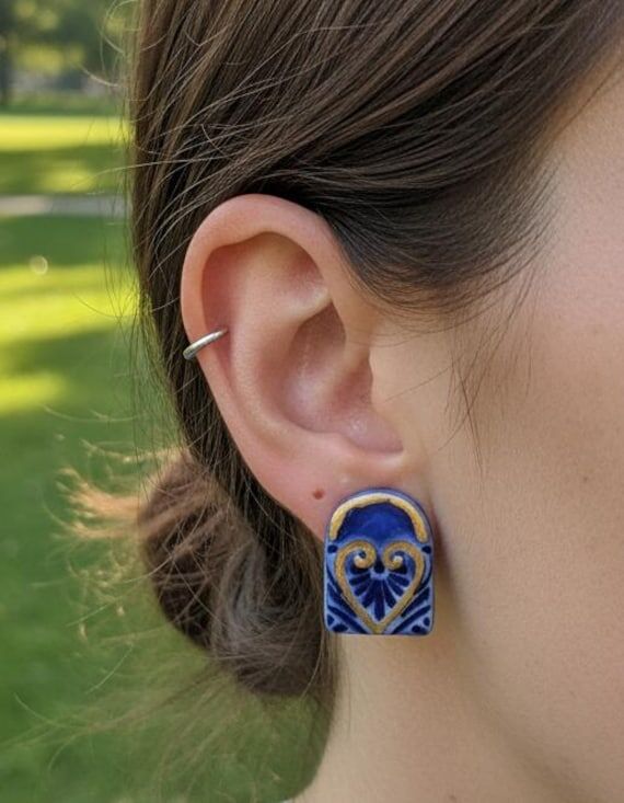 Blue Heart Ceramic Stud Earrings, Handmade Ro...
