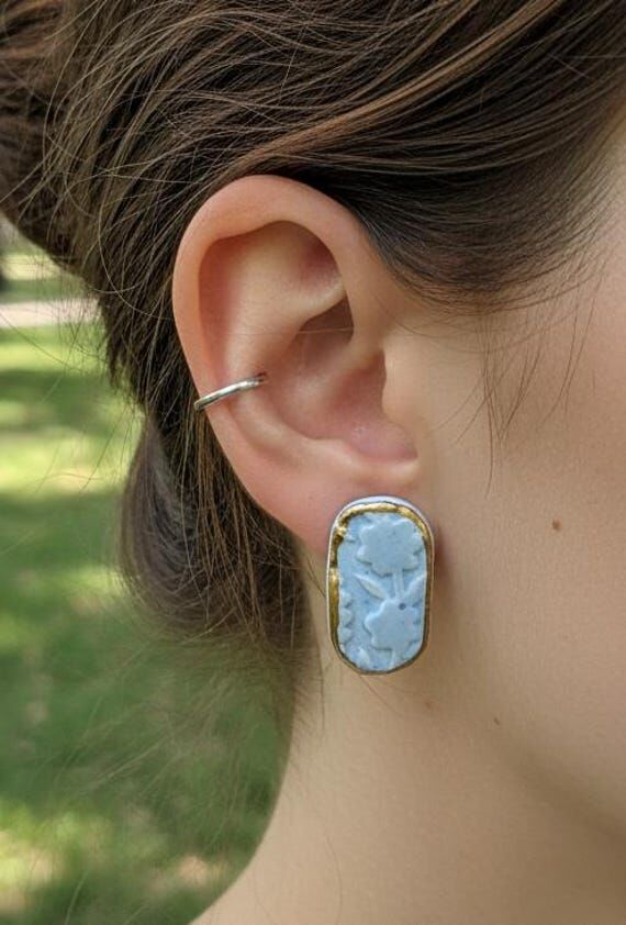 Blue Flower Ceramic Stud Earrings, Handmade F...