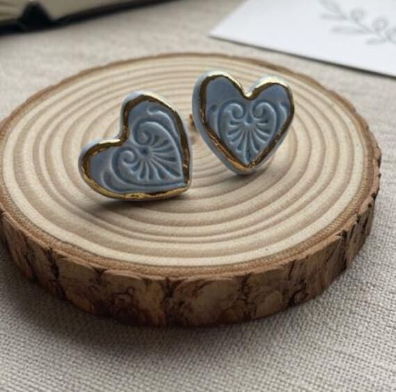 Heart Ceramic Earrings, Blue Handmade Studs, ...