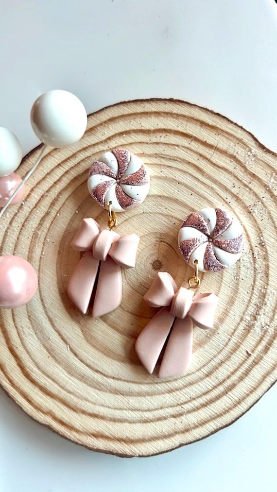 Handmade Pink Peppermint Bow Earrings, Polyme...