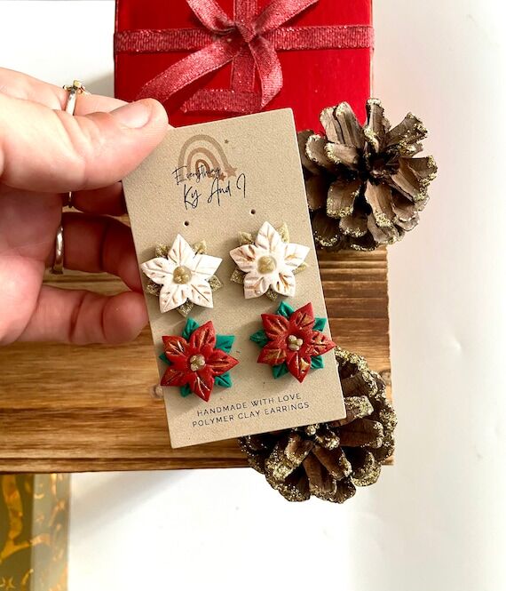 Poinsettia Stud Earrings: Red, White Clay Flo...