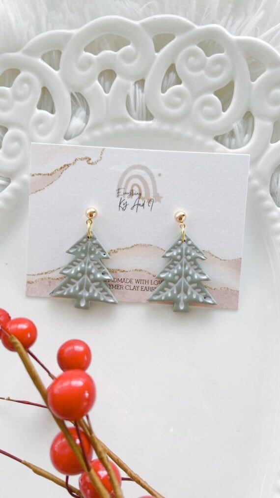 Boho Christmas Tree Clay Earrings, Modern Dan...