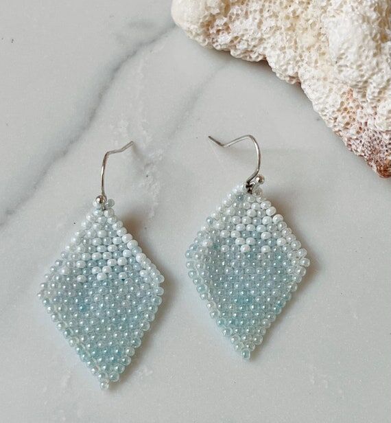 Blue Beaded Diamond Dangle Earrings: Handmade...