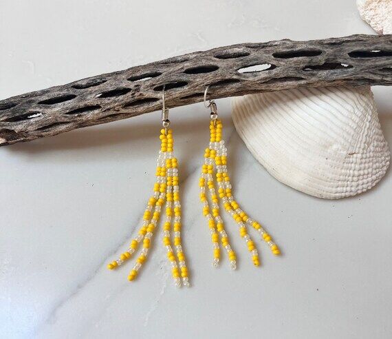 Yellow & White Beaded Dangle Earrings: Long S...