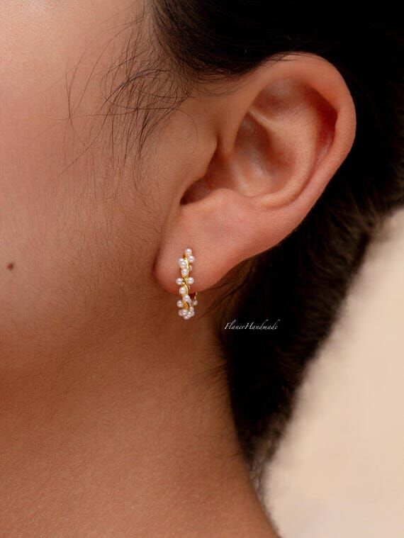 Dainty Pearl Hoop Earrings, Gold Sterling Sil...