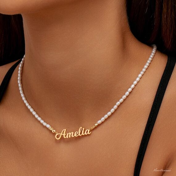 Custom 925 Sterling Silver Pearl Name Necklac...