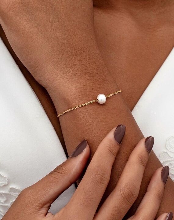 Minimalist Single Pearl Bracelet, Dainty Gold...