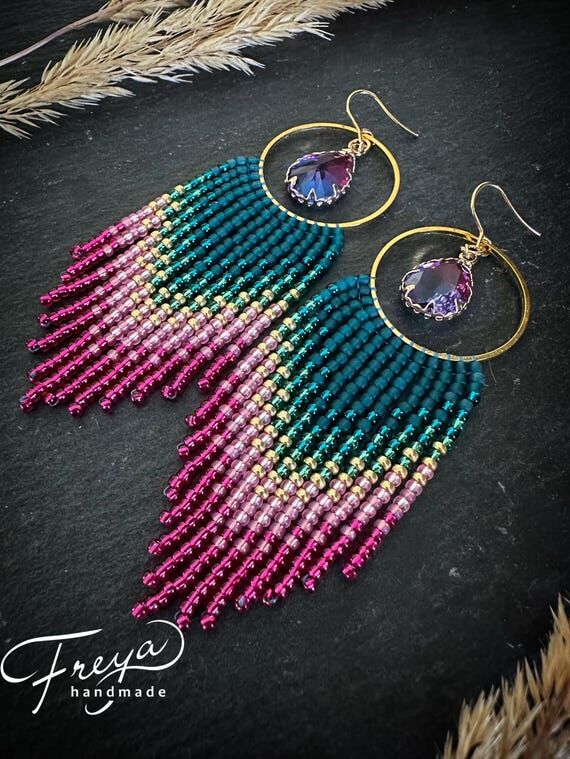 Handmade Ombre Beaded Fringe Earrings: Teal, ...