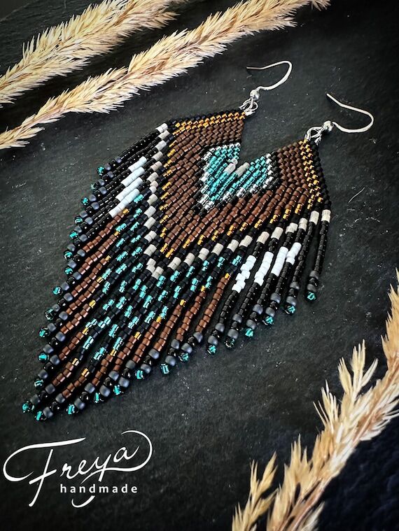 Handmade Bronze Feather Beaded Fringe Earring...