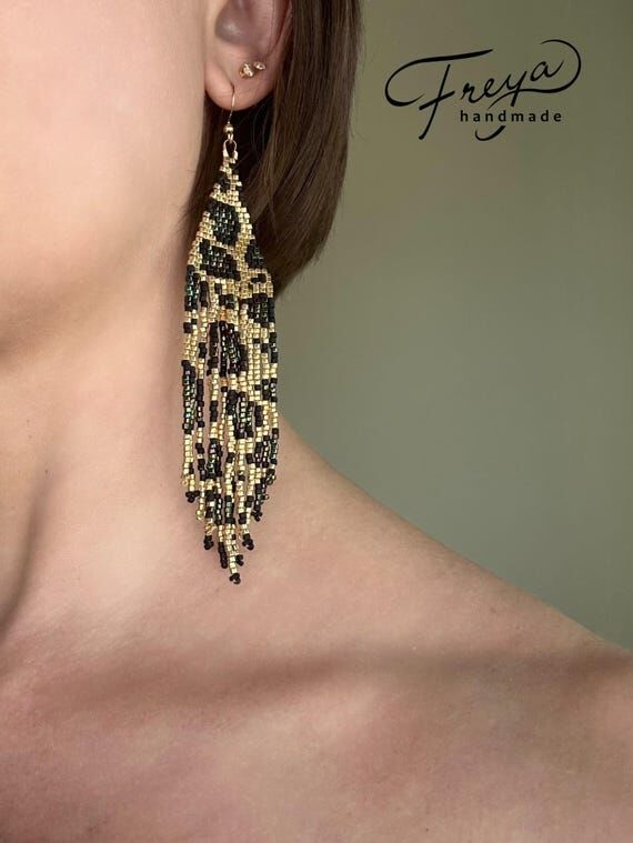 Handmade Leopard Beaded Fringe Earrings: Long...