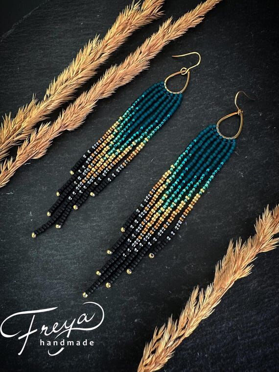 Long Fringe Beaded Earrings. Teal Gold Gradie...