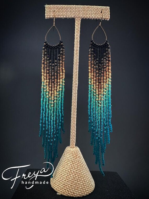Native Style Seed Bead Earrings, Long Teal Om...