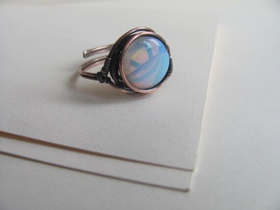 Copper ring Stone ring Opalite stone ring Adj...