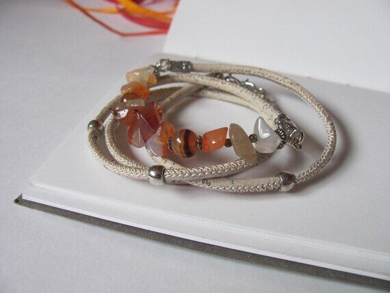 Carnelian crystal, Cork bracelet, Beaded wrap...