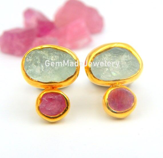 Handmade Raw Aquamarine & Pink Tourmaline Stu...