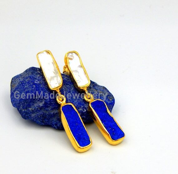 Handmade Raw Lapis Lazuli & Pearl Dangle Earr...