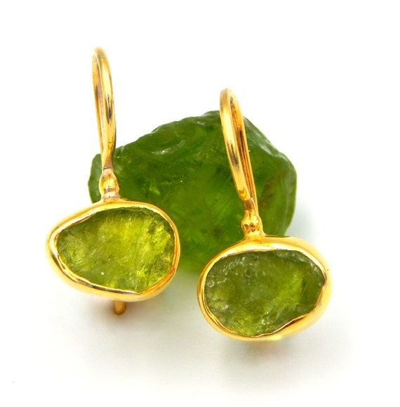 Handmade Raw Peridot Gemstone Earrings: Gold ...