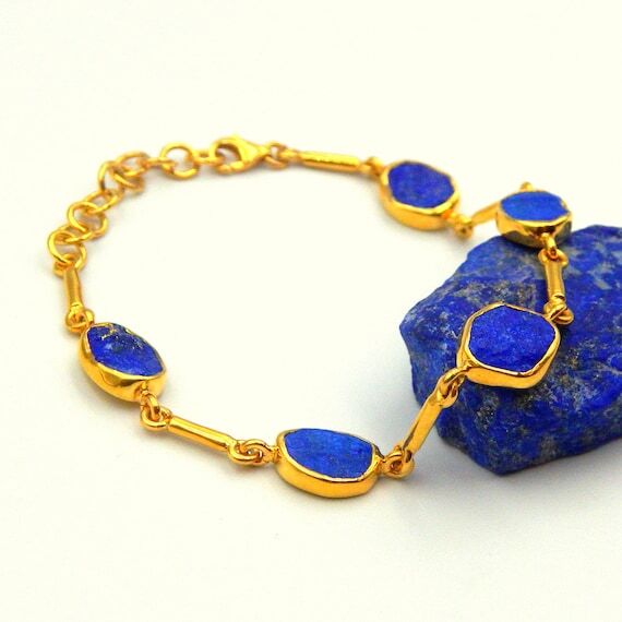 Handmade Raw Lapis Lazuli Bracelet: Gold Plat...