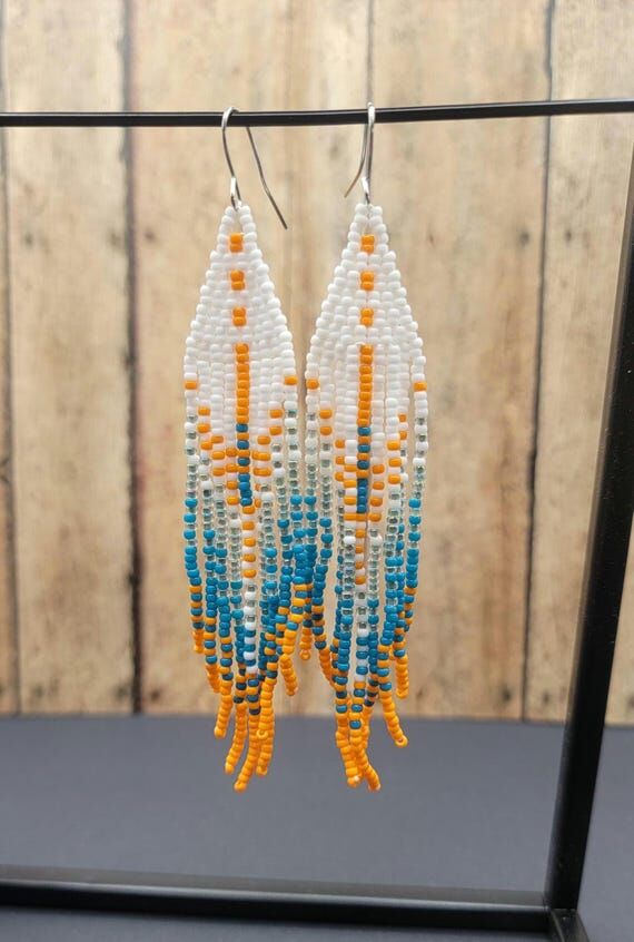 Teal, Orange, and White Beaded Fringe Earring...