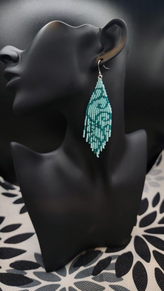 Handmade Teal Beaded Fringe Earrings - Elegan...