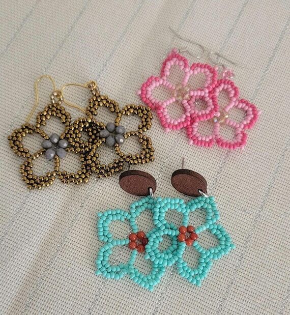 Handmade Beaded Delicate Flower Earrings Pink...