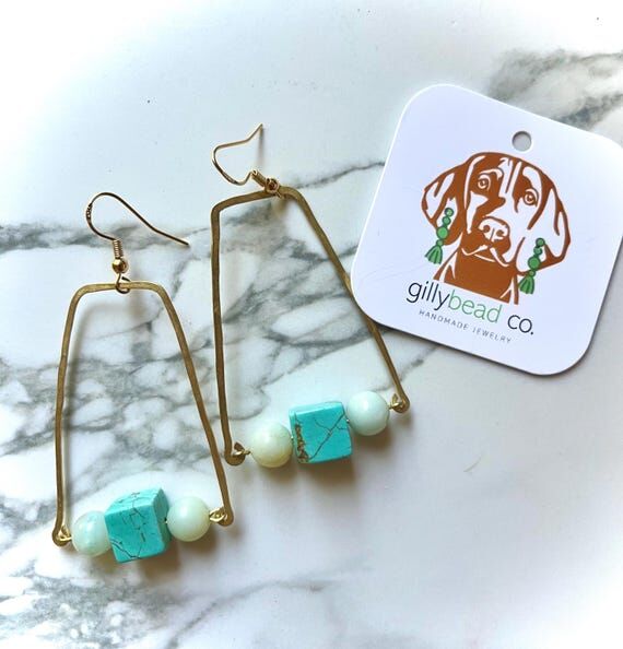 Gold Statement Earrings, Turquoise Natural St...