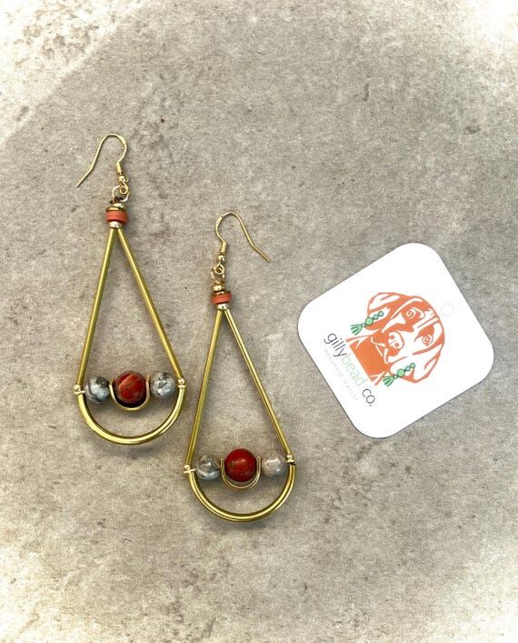 Gold, Rust Red and Grey Statement Drop Hoop E...