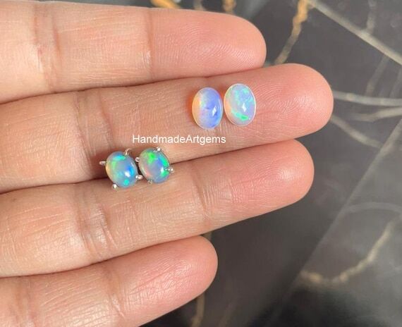 Ethiopian Opal Stud Earrings: 925 Sterling Si...