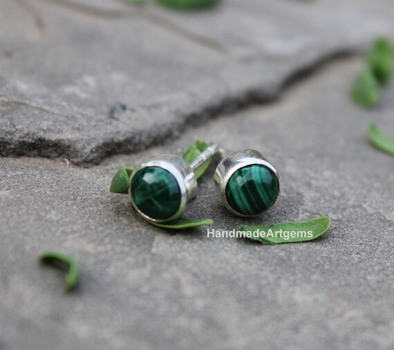 Malachite Stud Earrings: 925 Sterling Silver,...
