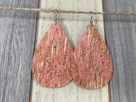 Pink Straw Cork Teardrop Earrings- (Vegan Lea...