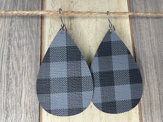 Lg. Teardrop Earrings- Gray Buffalo Plaid (Ve...