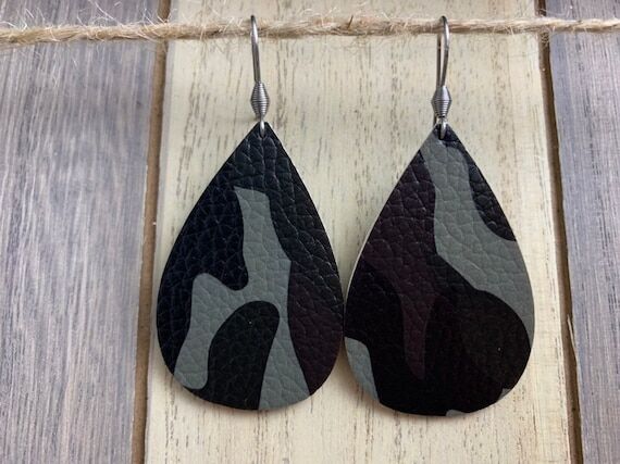 Large Print Camo Teardrop Earrings- (Vegan Le...