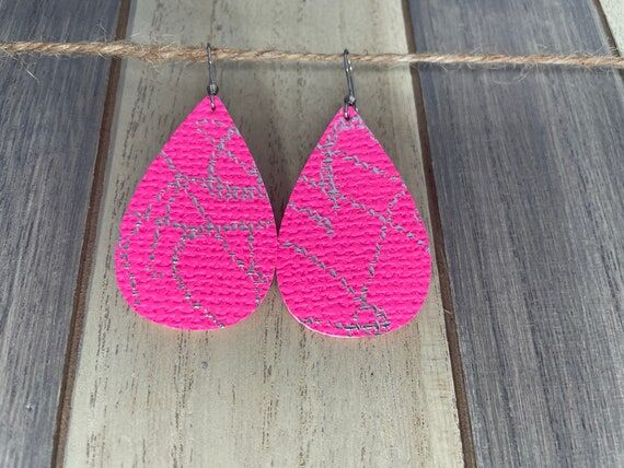 Sm. Teardrop Earrings- Neon Pink w/ Silver Sc...