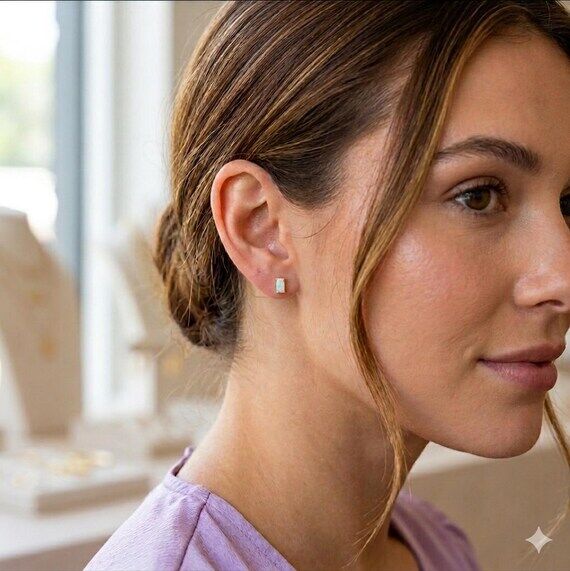 Dainty White Opal Baguette Studs • 18K Gold...