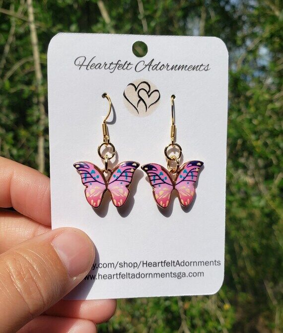 Butterfly Open Wing Dangles Pink with blue pu...