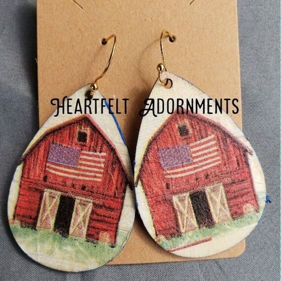 Vintage Red Barn with American Flag Earrings...