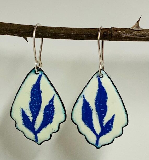 Detail of a Blue Leaf Vitreous Enameled Handm...