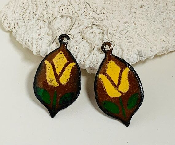 Tulip Flower Vitreous Enameled Handmade Earri...
