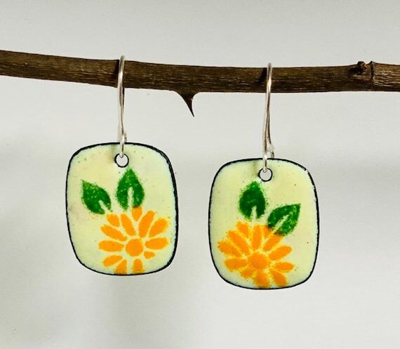 Orange Flower Vitreous Enameled Handmade Earr...